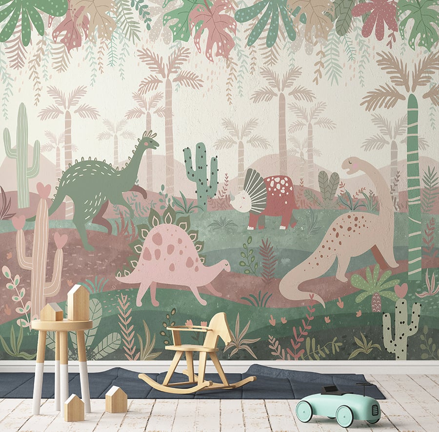 Green & Pink Color Dinosaurs Enjoying Wallpaper Mural