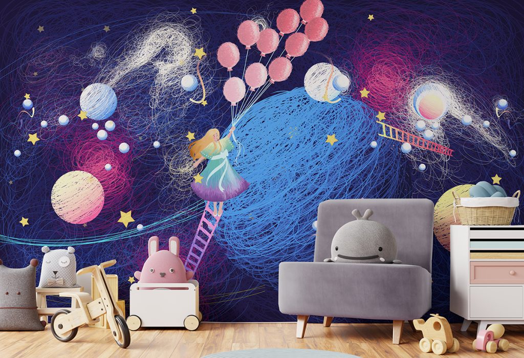 Girl on the Planet with Flying Balloons Wall Murals