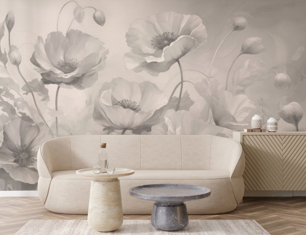 Poppies Soft Grey Flower Wallpaper