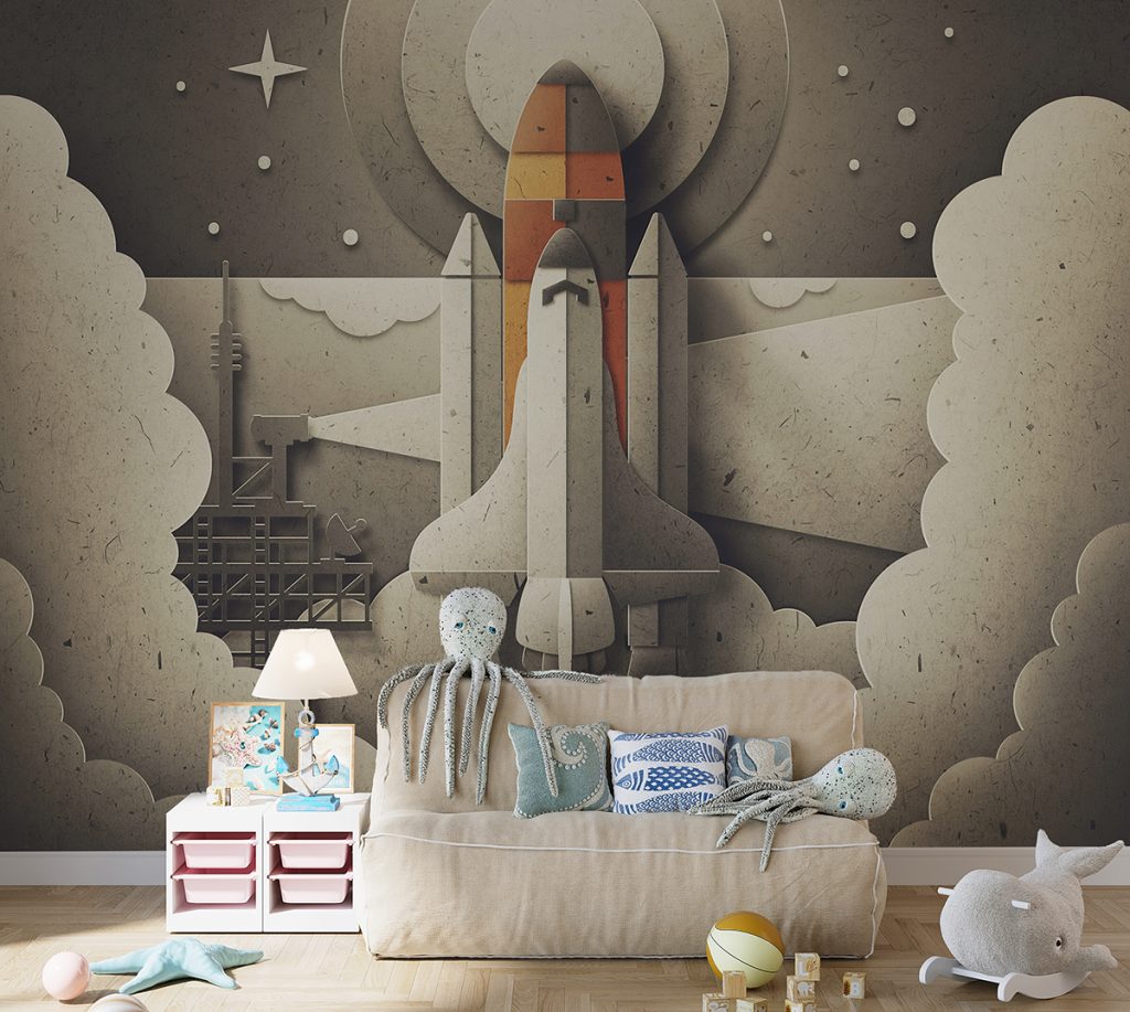 Retro Space Rocket Wallpaper for Kids
