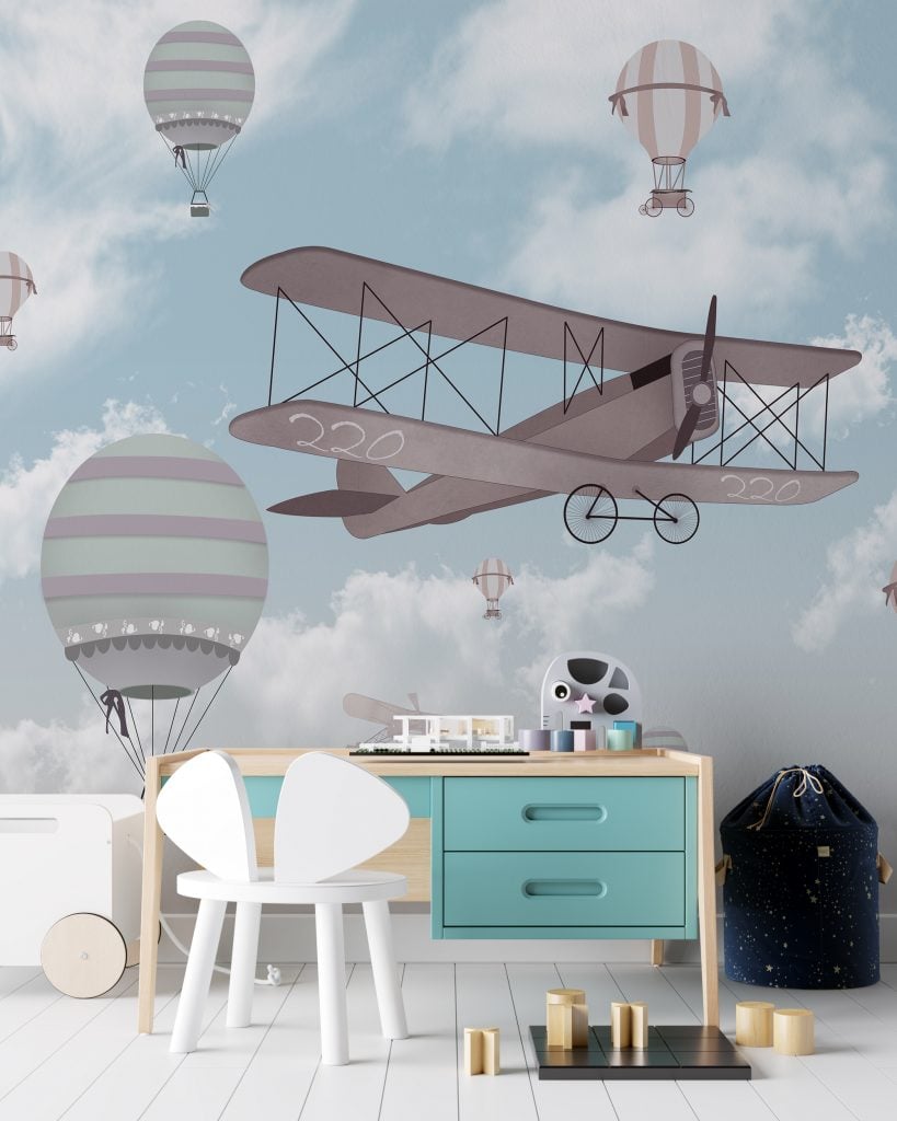 Biplane in The Sky Kids Room Wallpaper
