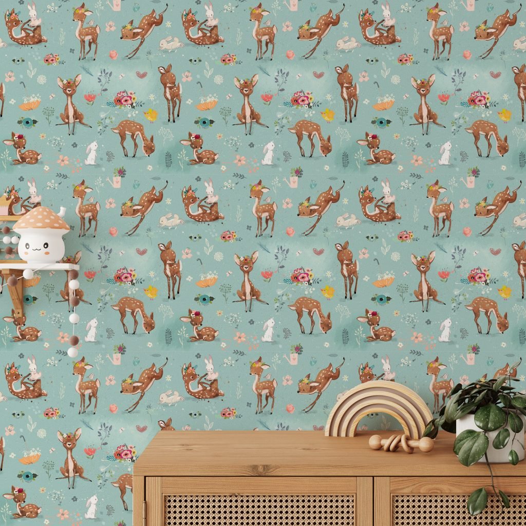 Little Deer and Hare Bedroom Wallpaper for Kids