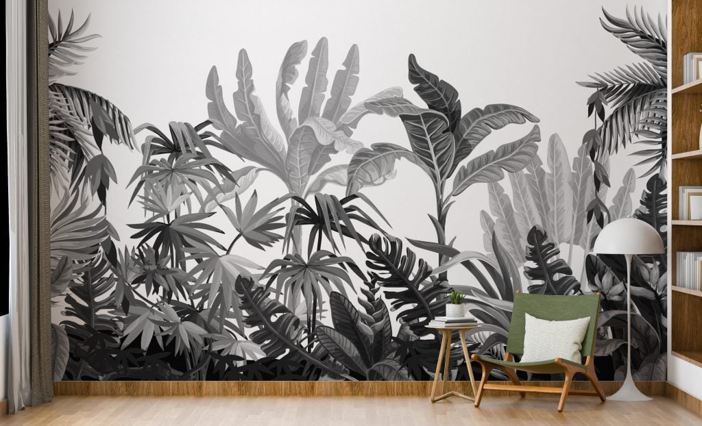 Black & White Tropical Banana Leaves Wallpaper for Guest Room