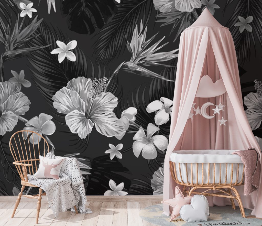 Black and White Floral Wall Mural for Girls Room