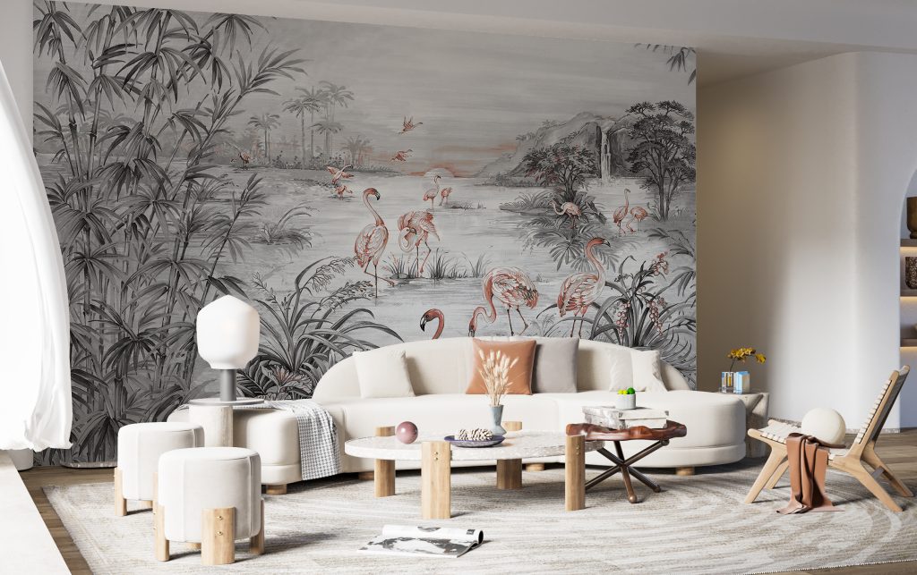 Black and White Watercolor Tropicano Flamingos Wallpaper for Hallway