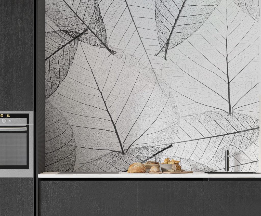 Black & White Large Veins Leaves Wallpaper for kitchen