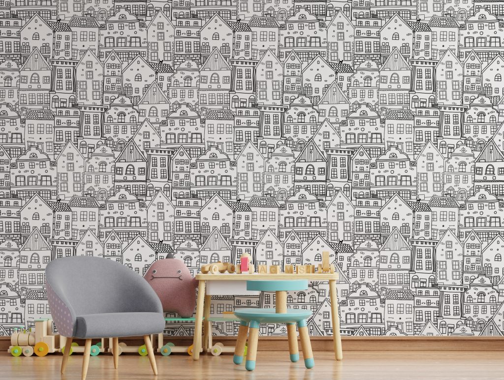 Black and White Abstract Township Wallpaper for Nursery