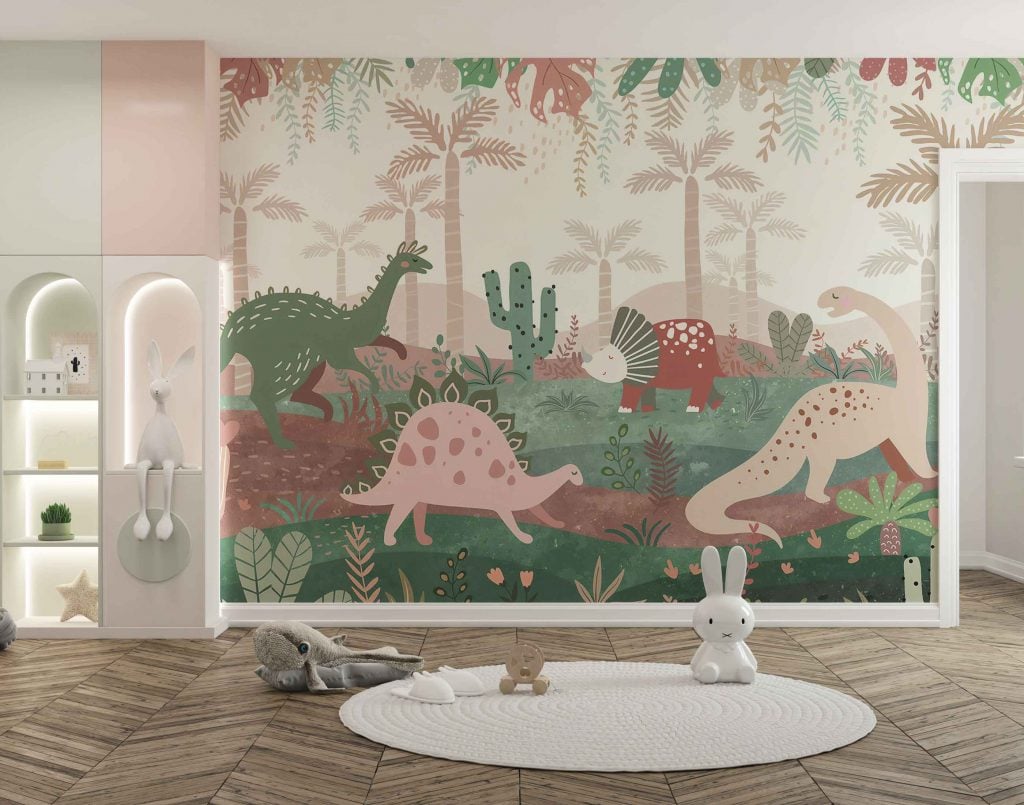 Green & Pink Color Dinosaurs Enjoying Wallpaper