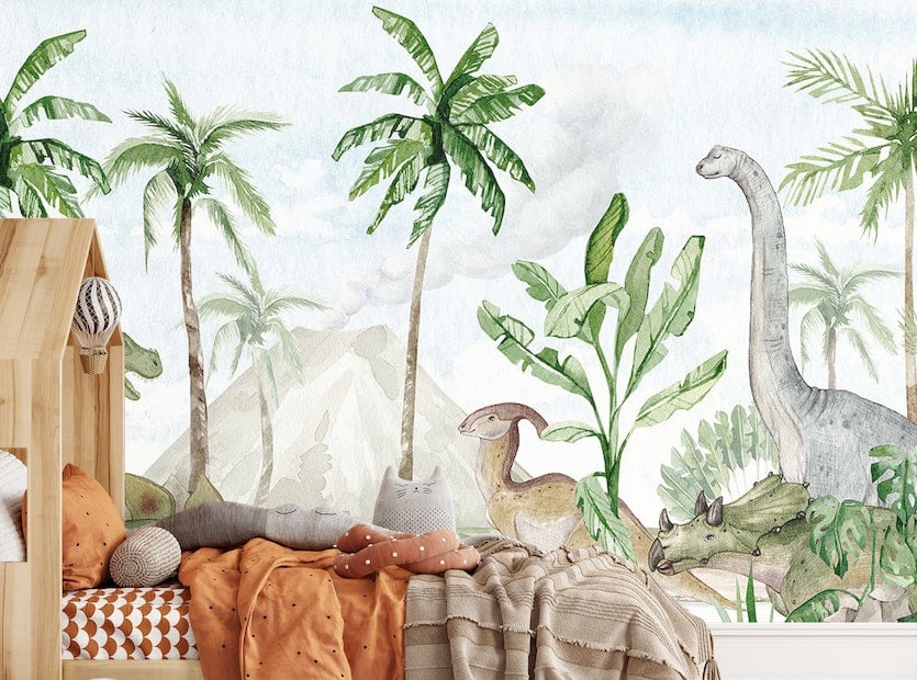 Watercolor Dinosaur Forest Wallpaper for walls