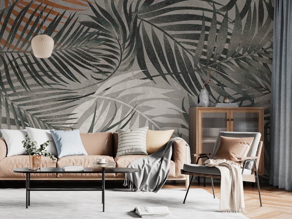 Grey Tropical Leaves Mural