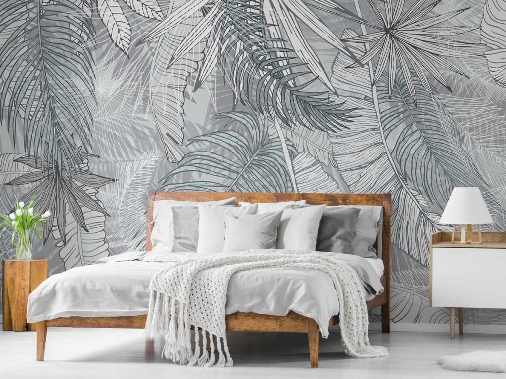 Grey & White Charcoal Leafy Illustrated Wallpaper Murals