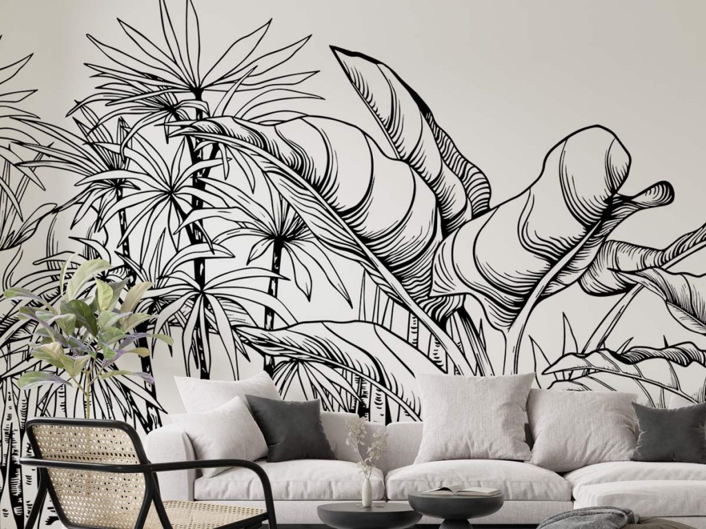 Black & White Big Tropical Leaves Wallpaper Mural