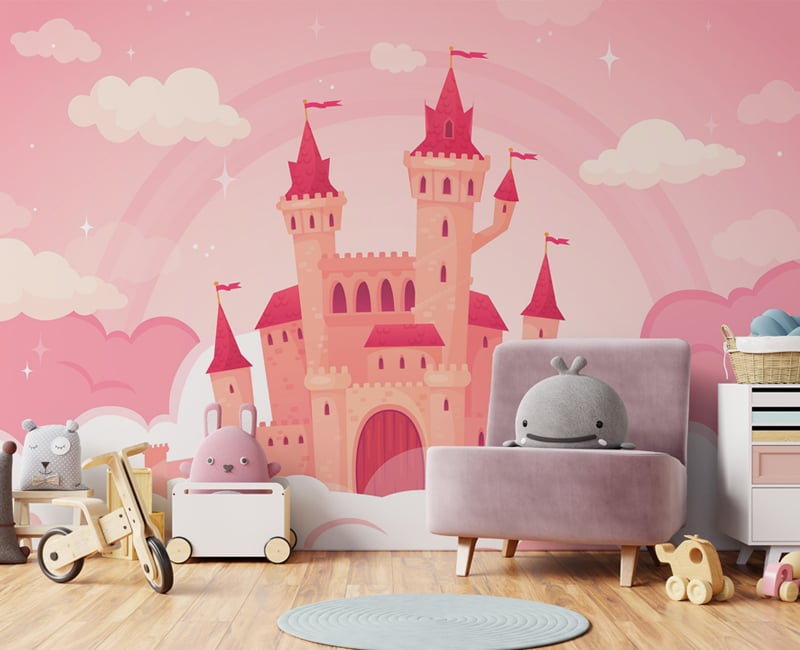 Cute Cartoon Castle in Pink Clouds Wallpaper