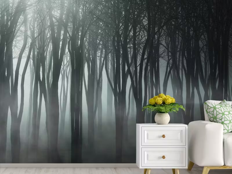 Dark misty forest wallpaper mural