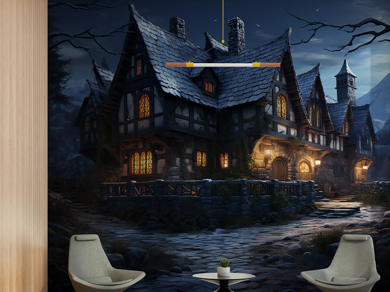 Haunted Cottage Mountain Wallpaper for Halloween themed interior