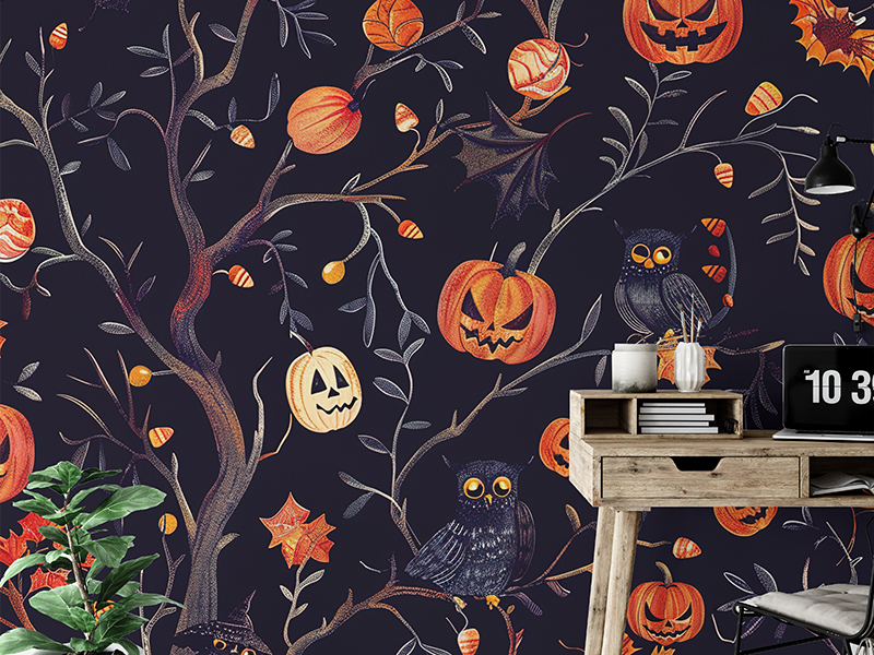 Halloween pumpkin owls wallpaper mural